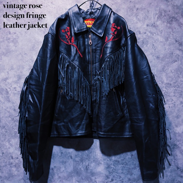 【doppio】vintage rose design fringe leather jacket
