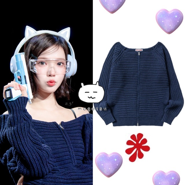 ★Hearts2Hearts ジウ 着用！！【OAFISH】OFF SHOULDER KNIT ZIP-UP, NAVY