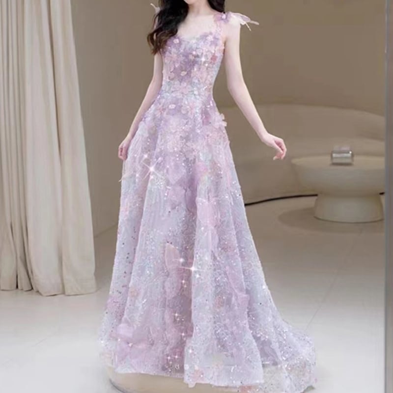 シフォンモチーフフローラルドレス D0155