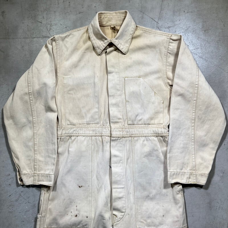 SPECIALL!! ~40's Unkown メカニックオールインワン ツナギ チンストラップ 変形片ポケ COVERALLS イギリス軍？ ワーク  ベージュ 小さいサイズ W36～37 レア 希少 ヴィンテージ BA-1764 RM2183H | agito vintage powered by 