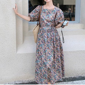 Floral square neck puff sleeve dress S1367