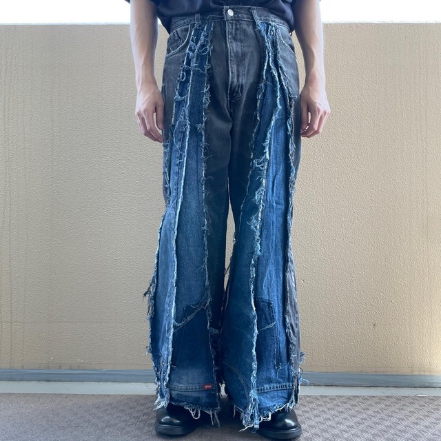 リメイクデニム ブルーデニム ワイド フレア 再構築 M 黒 青 14335