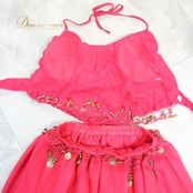 ベリーダンス 衣装 上下セット ピンク系 トップス スカート ヒップスカーフ 金 コイン 練習 レッスン 鮮やか キラキラ ダンス衣装 イベント ステージ 華やか かわいい おしゃれ ゴールド系