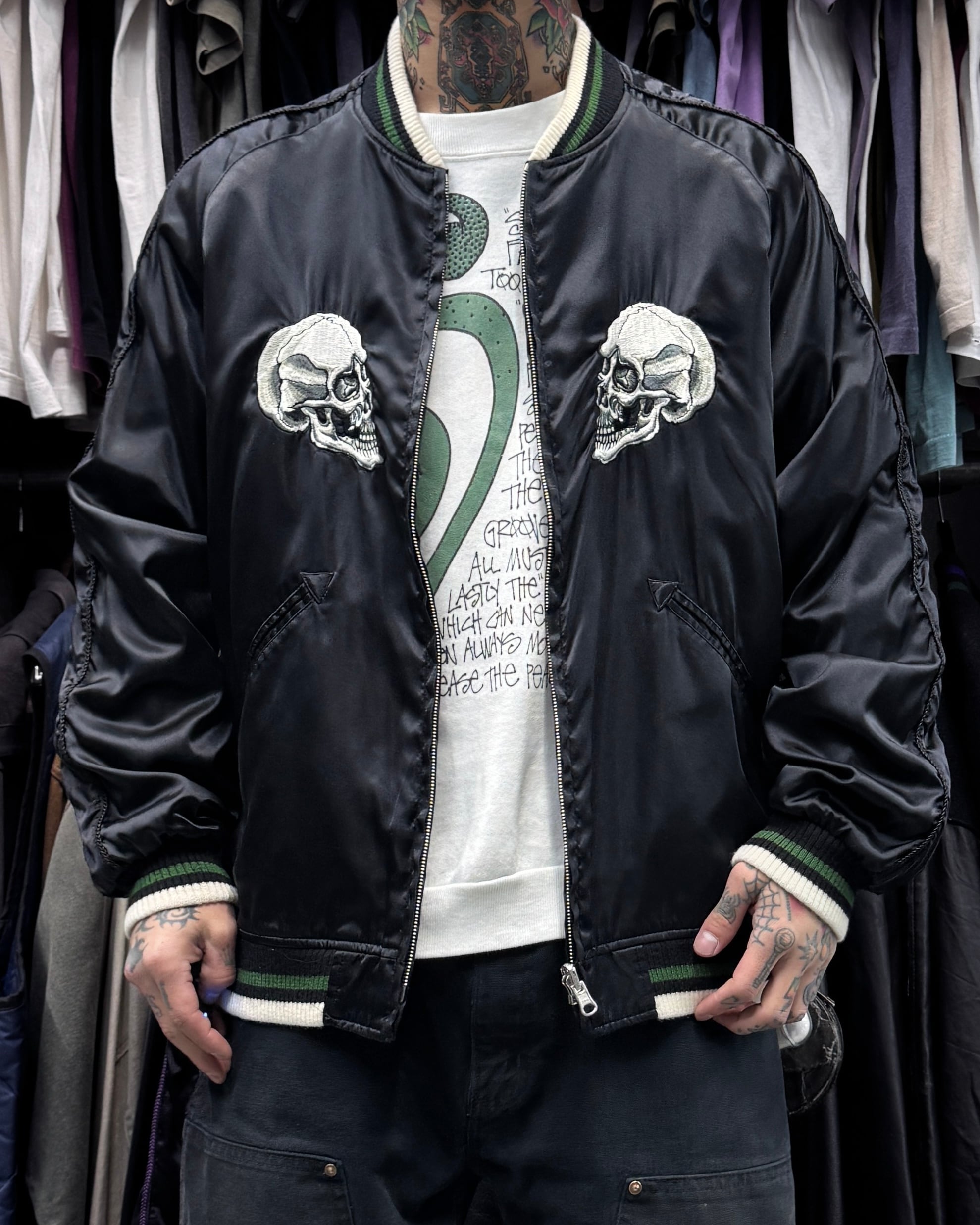 未使用 スカル vintage メッシュ生地 スカジャン unisex 美品 Special!!】00's old stussy Souvenir Jacket “スカジャン” “Skull