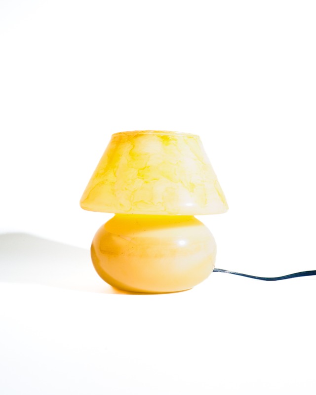1990 Patterned Glass Lamp with Cream and Yellow Shade