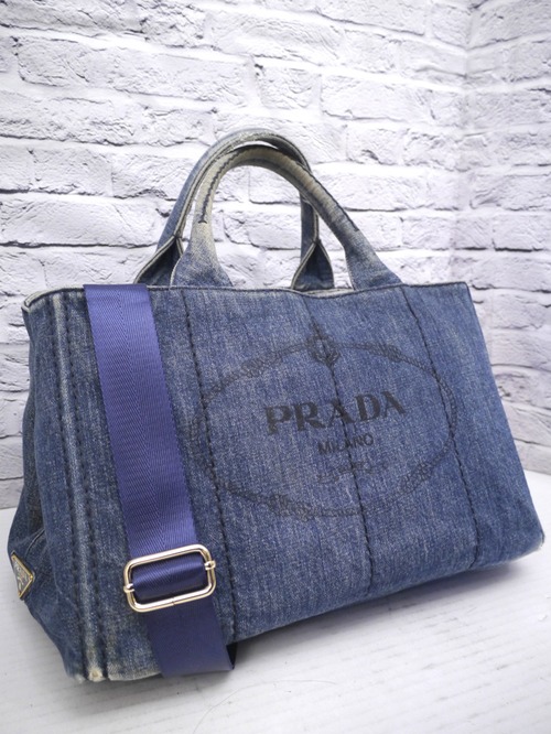 ◆ PRADA プラダ CANAPA M カナパ デニム地 2way クロスボディ ショッパー トート バッグ 青◆使い勝手抜群！クロスボディ対応の定番モデル