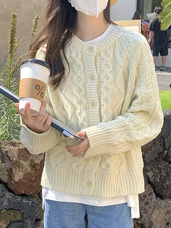 スクープネック ニットカーディガン 長袖 無地 淡色 薄手アウター かわいい 大きいサイズ 韓国 CH8029