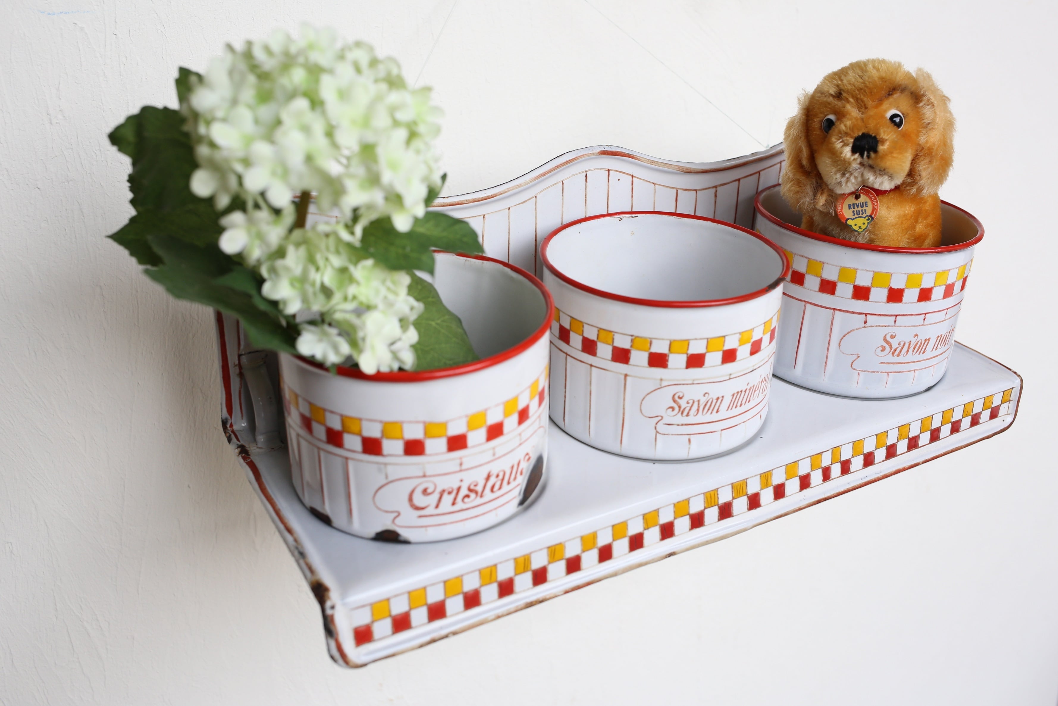 フランス アンティーク ヴィンテージ BB社 ホーロー サボンラック (チェック×ストライプ)