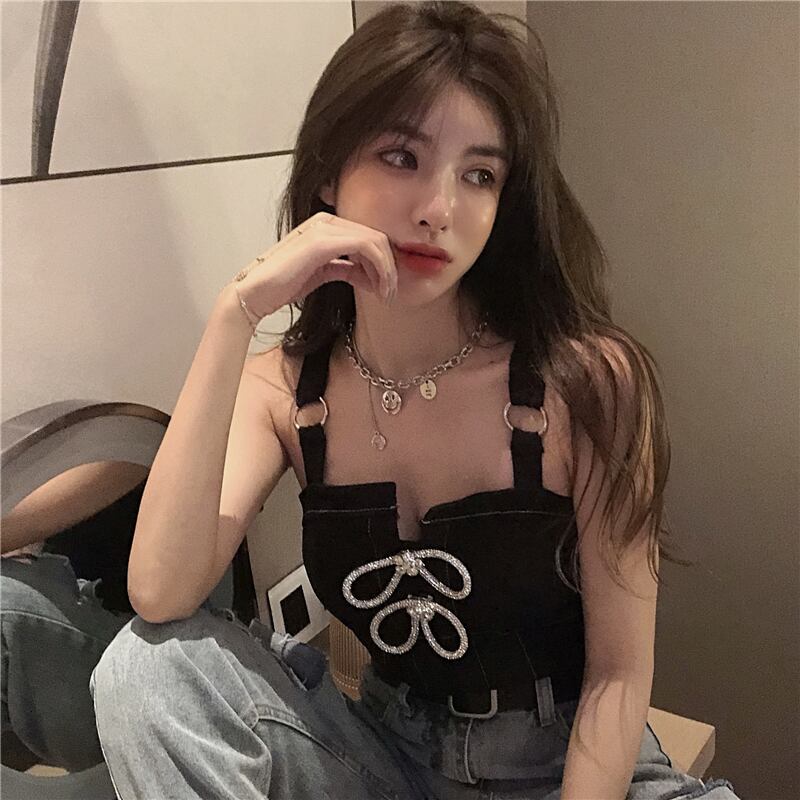 ラインストーンちょう結びデニムスリングスリング女性夏ショートアウタートレンディインナーベスト2020新作ノースリーブトップ ブラックストロベリース12435052973