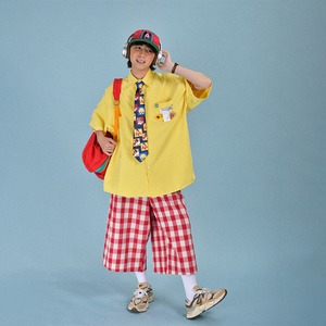 C2紅色格子柄クロップドワイドパンツ
