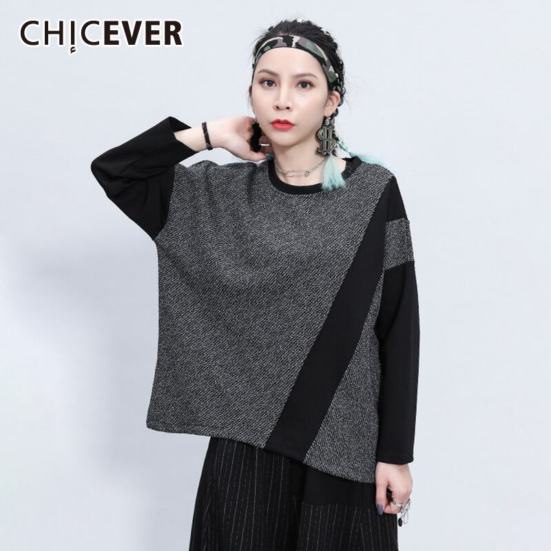 CHICEVERブラックTシャツレディースOネック長袖パッチワークヒットカラールーズニットTシャツ2020秋の服 ロング オータム 秋物 6base534335953706