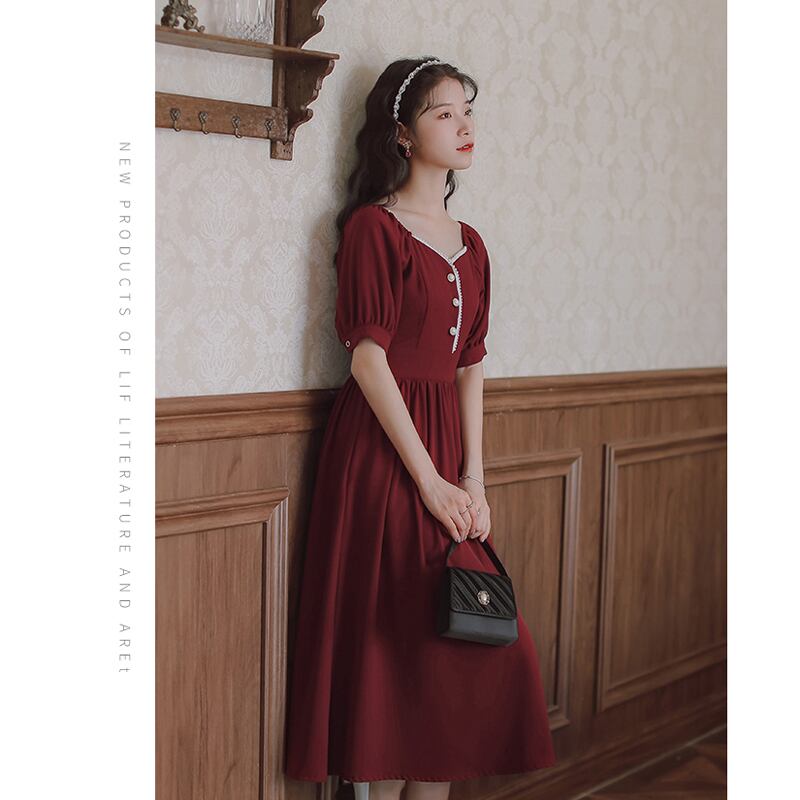 書槿笙シリーズ ロング丈ワンピース 2color 赤or黒 パーティードレス 結婚式 デート シンプル 無地 Elegant