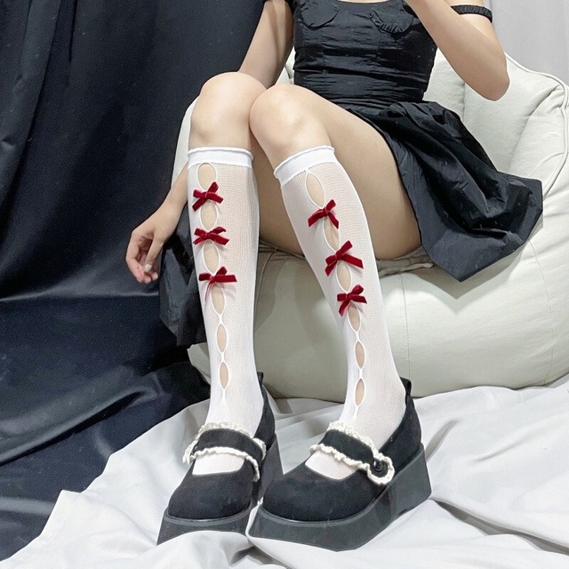 Lolita ボウタイ 透け感 透かし彫り 日系 少女 JK ロリータ ホワイト 靴下47283068