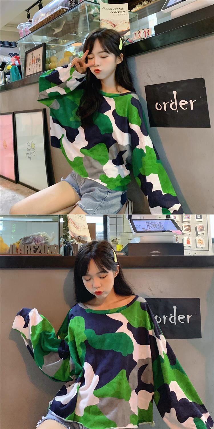 Tシャツ ルーズカラー迷彩プリント柄ラウンドネック長袖 長そで