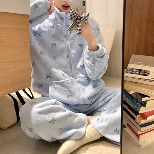 リボン柄ジップアップフリースルームウェア ・73593