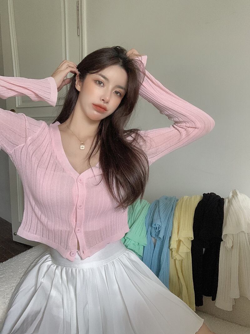 ニットカーディガンジャケット サマー薄手ショート長袖スリーブトップス ロング ピンク 大人ガーリー スウィート キュート カジュアル 夏物 ピュア ブラックストロベリース98620718559