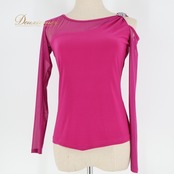 社交ダンス 衣装 トップス ブラウス パープル系 ジャンティ gentil 紫 シンプル 伸縮 ストレッチ レッスン 練習 明るい 鮮やか 長袖 メッシュ 透け感 上品 かわいい 華やか ラインストーン キラキラ