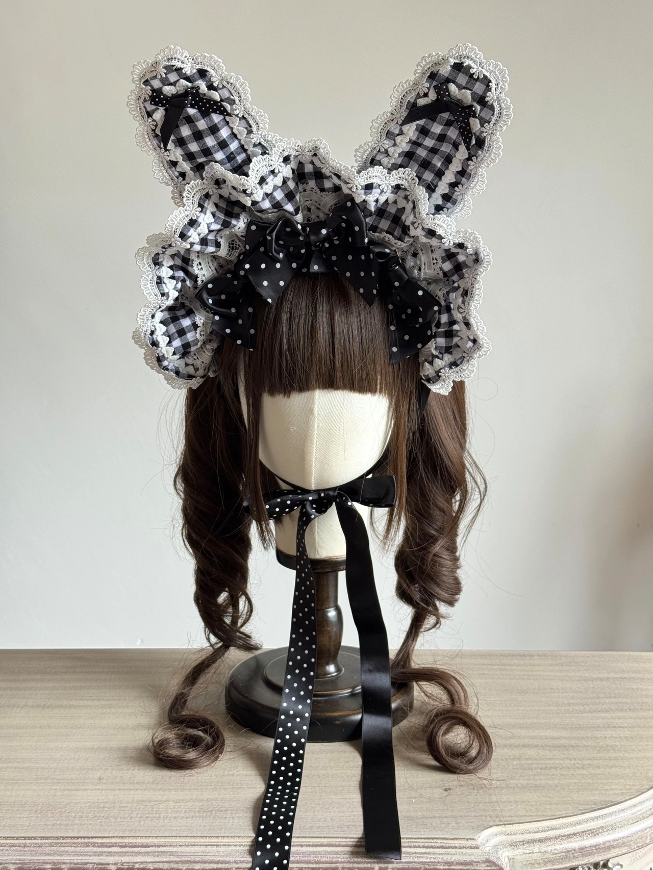 ♡【全4色】MAID ギンガムチェック＆ドット柄リボン 変幻自在うさみみフリルボンネット light blue ♡