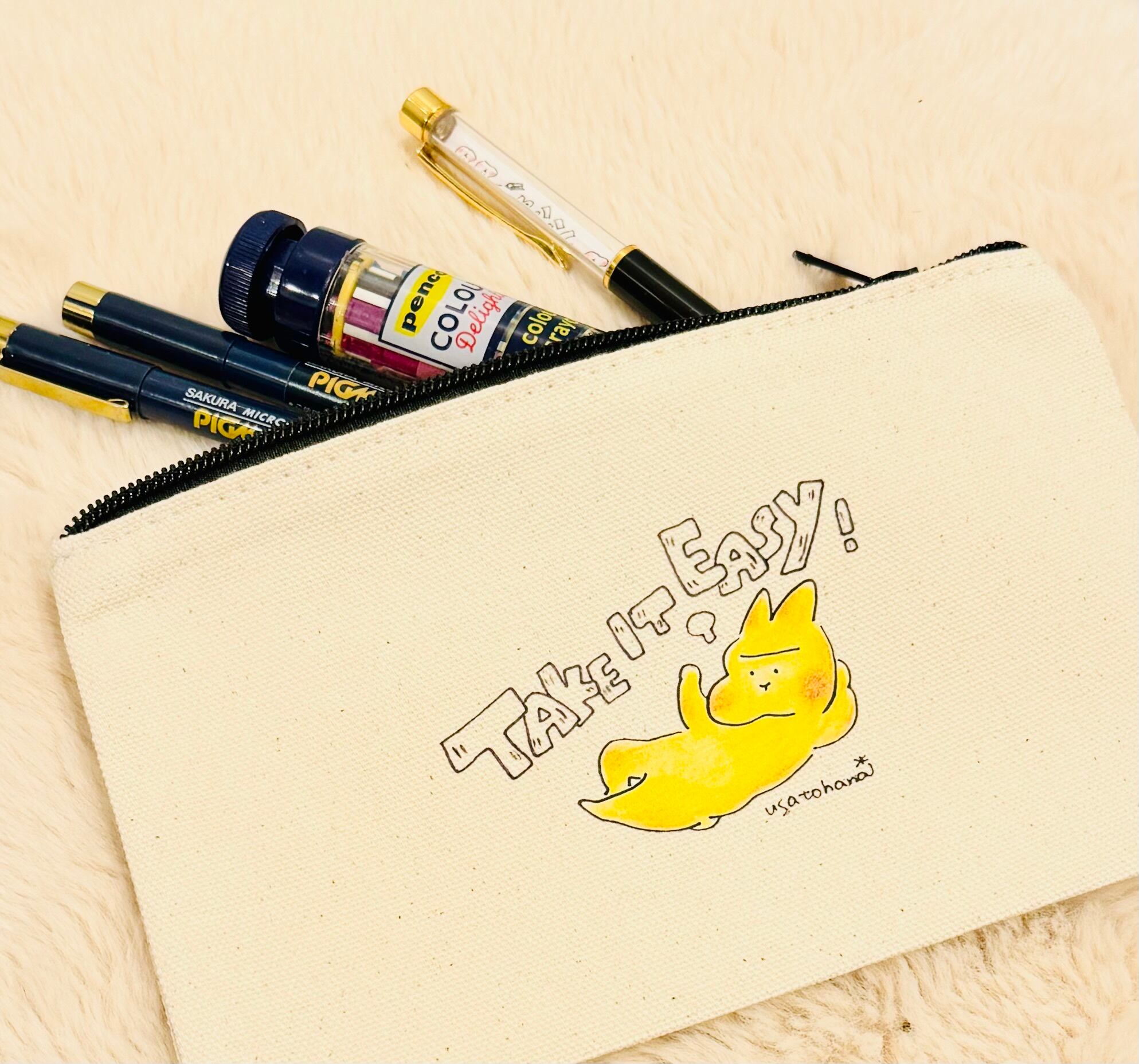うさぎのむう】キャンバスフラットポーチ 手描きイラスト 絵 雑貨