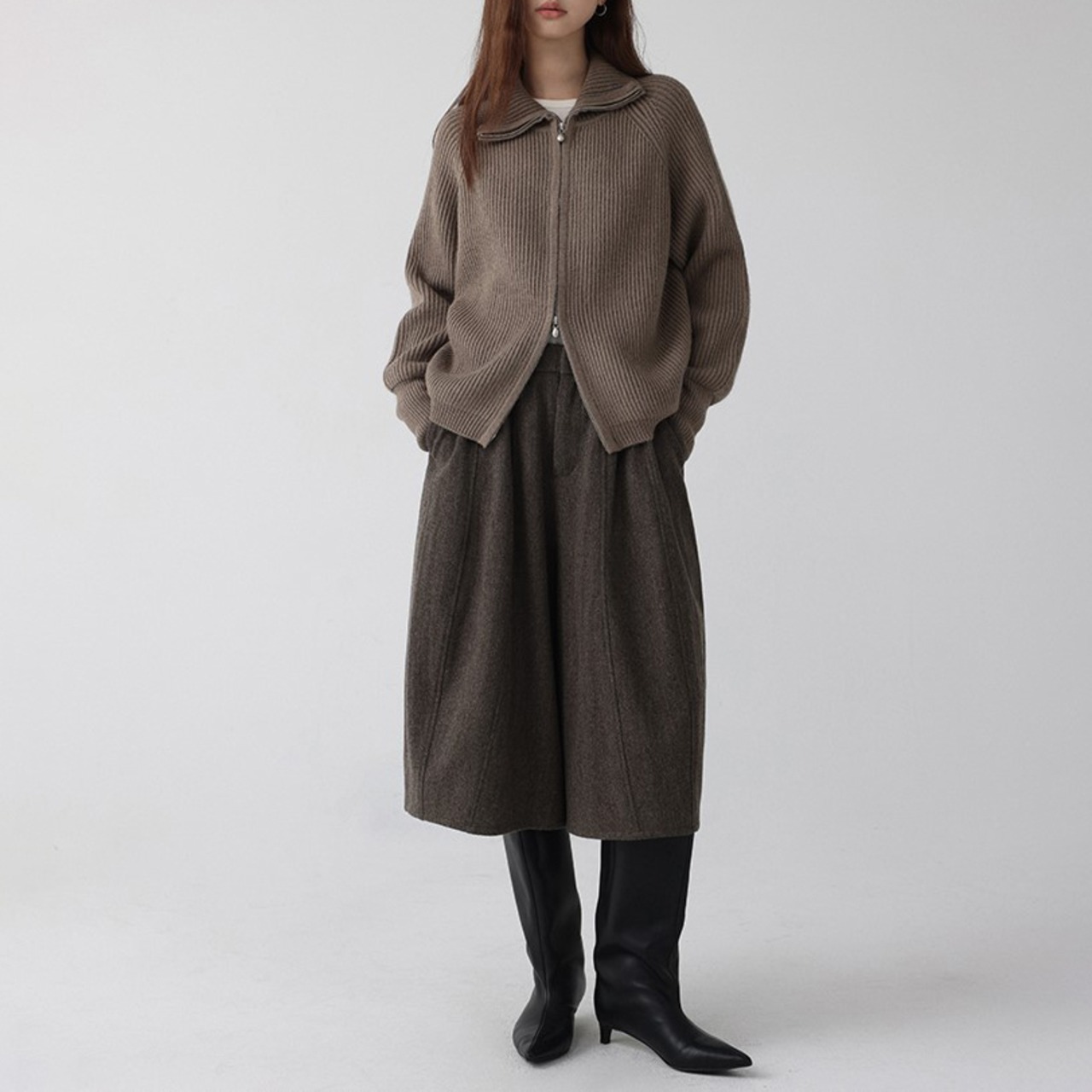 ダブルジッパーリブハイネックニットカーディガン H0050