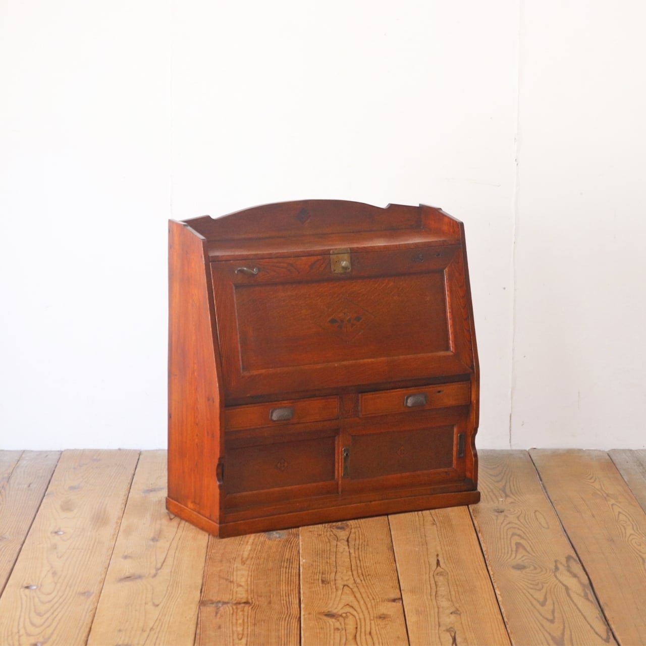 レトロ 文机 ローテーブル 座卓 帳場机 跳ね上げ天板 無垢材 引き出し 抽斗 2杯 戸棚 ヴィンテージ/RCT03032