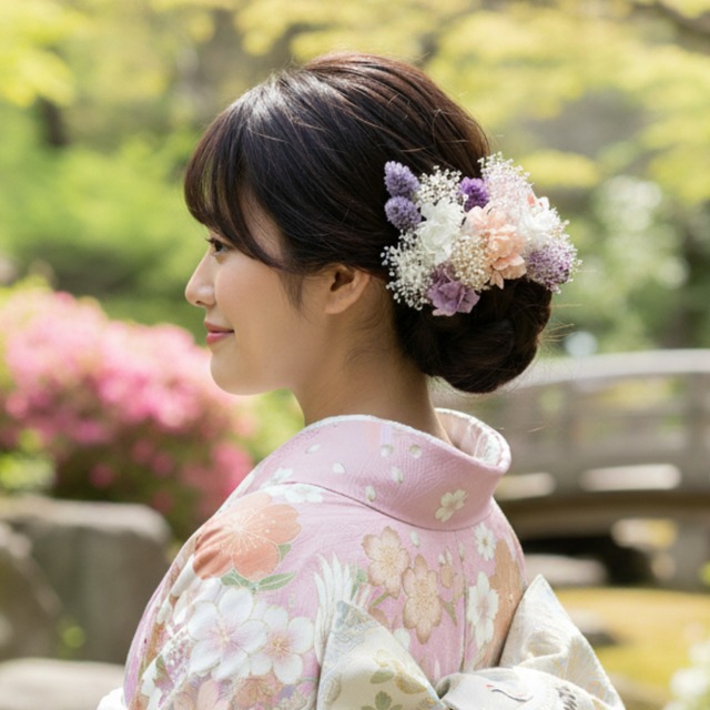【送料無料】薄紫・白紫陽花の髪飾り 成人式　卒業式　結婚式　七五三　髪かざり ヘッドドレス ヘアアクセサリー ウェディング 振袖 和装 前撮り プリザーブドフラワー