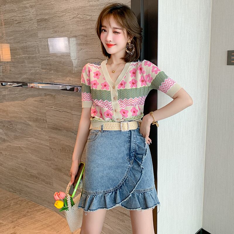 Flowerデザイン ジャカードVネックニット半袖スリーブカーディガンサマー ショート ハーフスリーブ 夏物 フラワーデザイン MIUCO70425733549