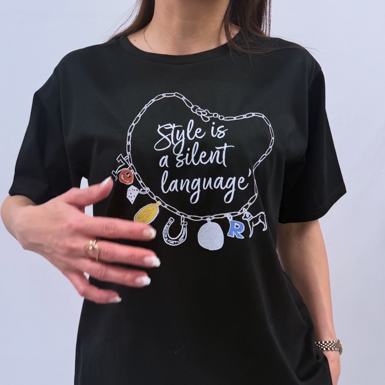 ロージー  Rosiee 刺繍×プリント シルケットチャームイラストTシャツ