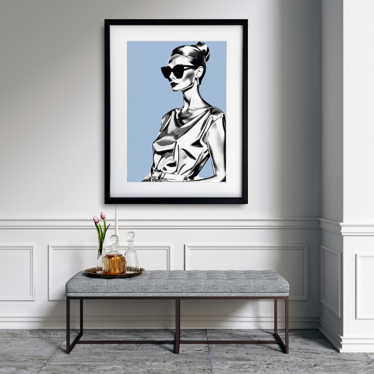 Iron Woman Audrey blue｜クールで洗練されたブルーの女性像アートポスター｜モダン空間を引き締めるスタイリッシュな一枚｜人気のアイアンシリーズA4ポスター