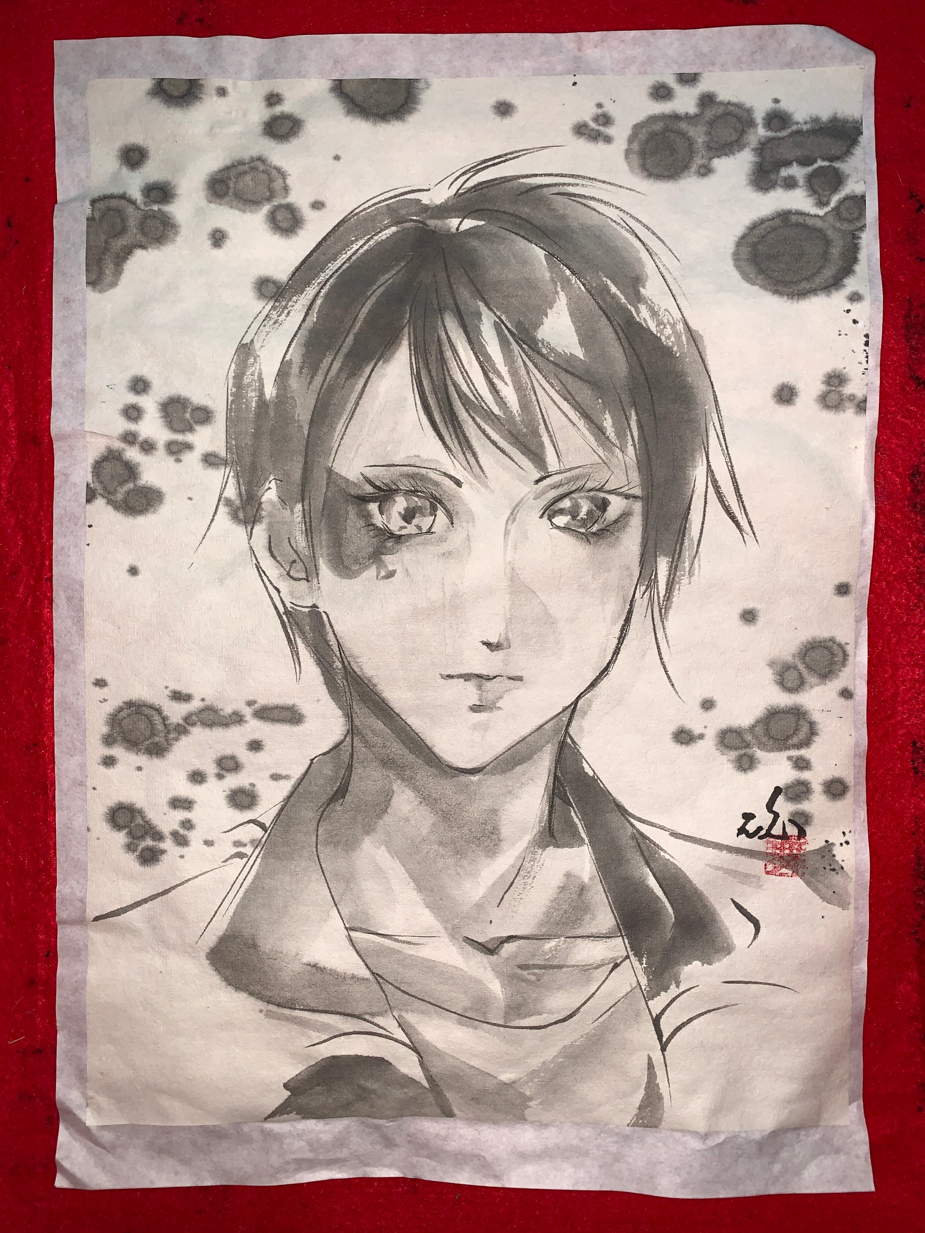 ポストカード　 水墨画 肉筆原画 墨絵 眼鏡 男の子 ポストカード 水墨画 肉筆原画 墨絵 眼鏡 男の子