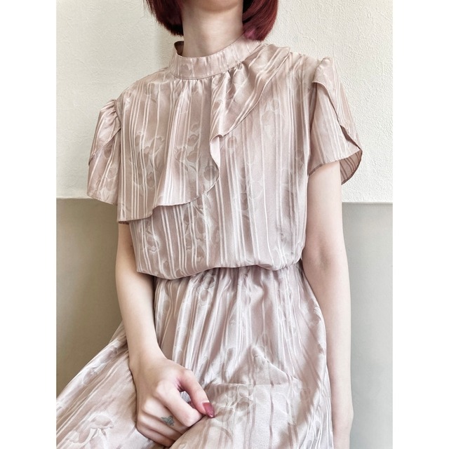 Gray Beige Stand Collar Floral Striped Sheer Dress