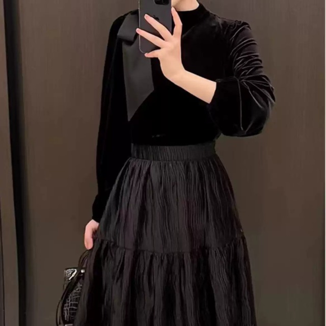 肩リボン ベルベット ワンピース風 ドレス 241109