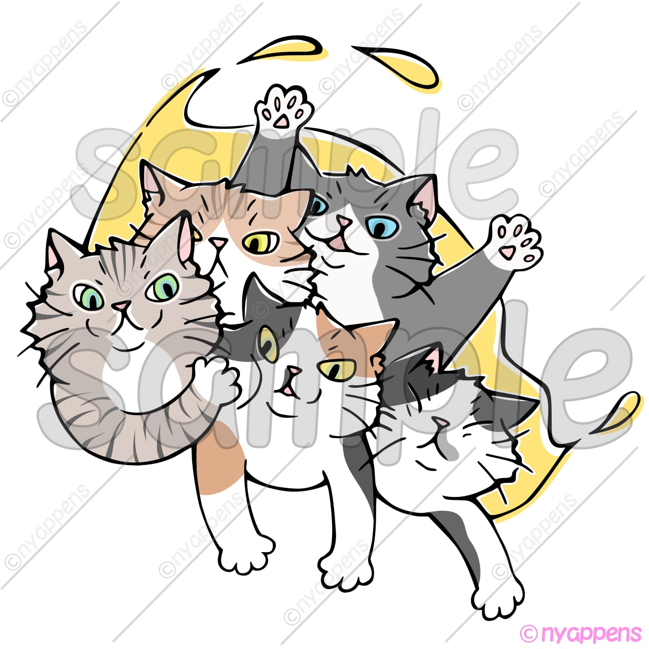 【商用利用OK】ほのぼの手書き猫イラスト<LL22>わちゃわちゃ!