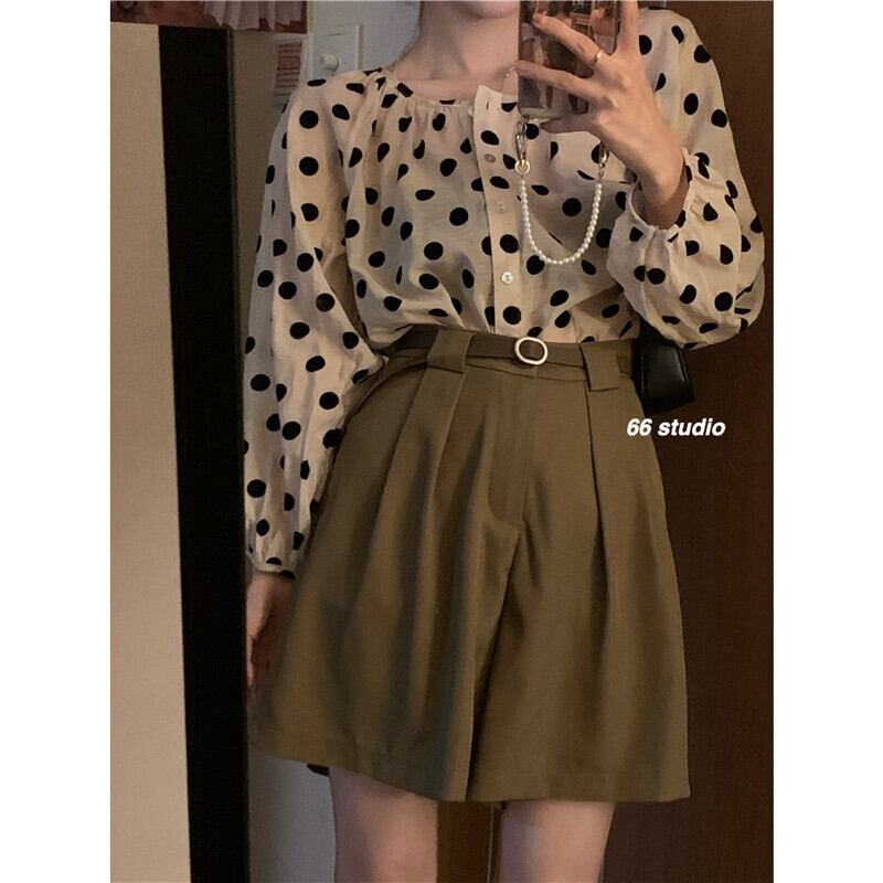 サマー薄手シャツ ルーズカジュアルソリッド カラーハイウェストショーツ ロング 夏物 ブルマー ソリッドカラー クレセントシティ8974124215