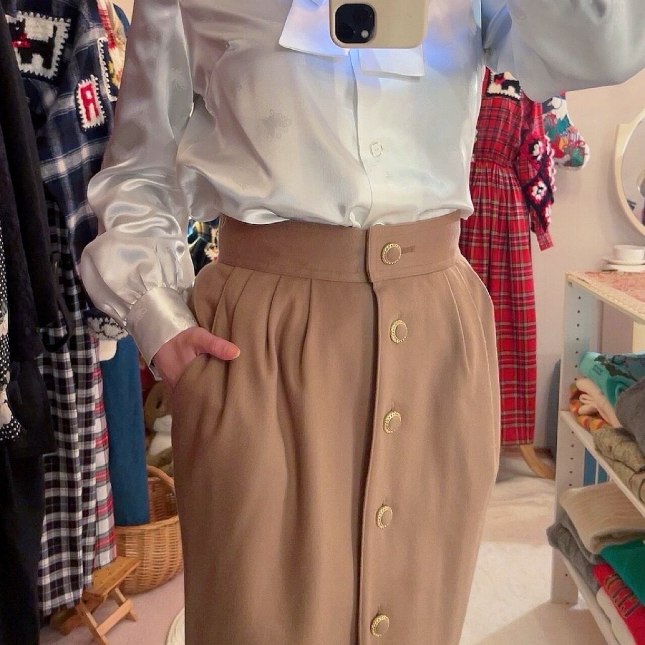 cream beige front button skirt
