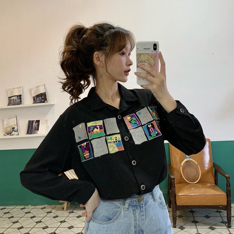 スプリングルーズシャツ プリント ロング 春物 試着室68793009243