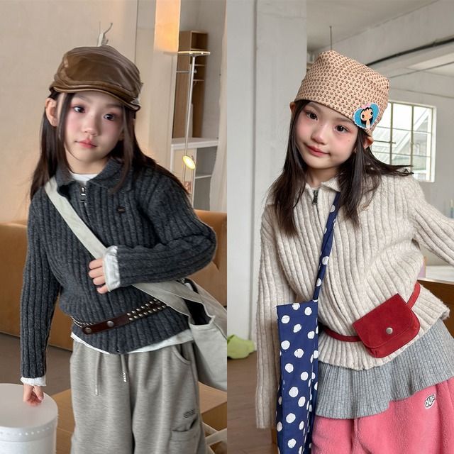 リブニットジップアップアウター（2色展開）ADBB｜アウター カーディガン｜幼稚園 保育園 小学生｜通園 通学 普段着｜韓国子供服｜男の子 女の子｜80-130cm｜2026秋服 ［取寄］