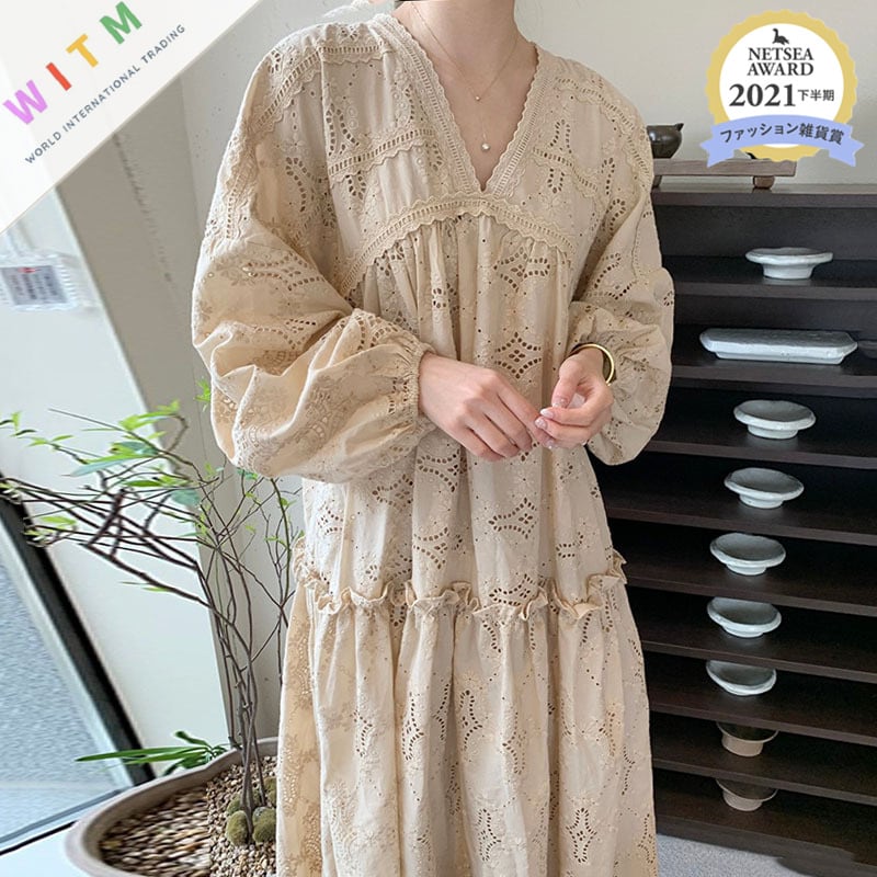 2022春夏新作 韓国風 レースワンピース ロング丈ワンピース パフスリーブ レディース 体型カバー