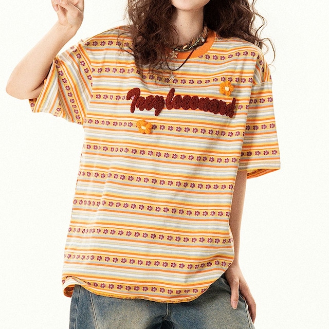 フラワーボーダーレタリングパッチTシャツ 1col R02306
