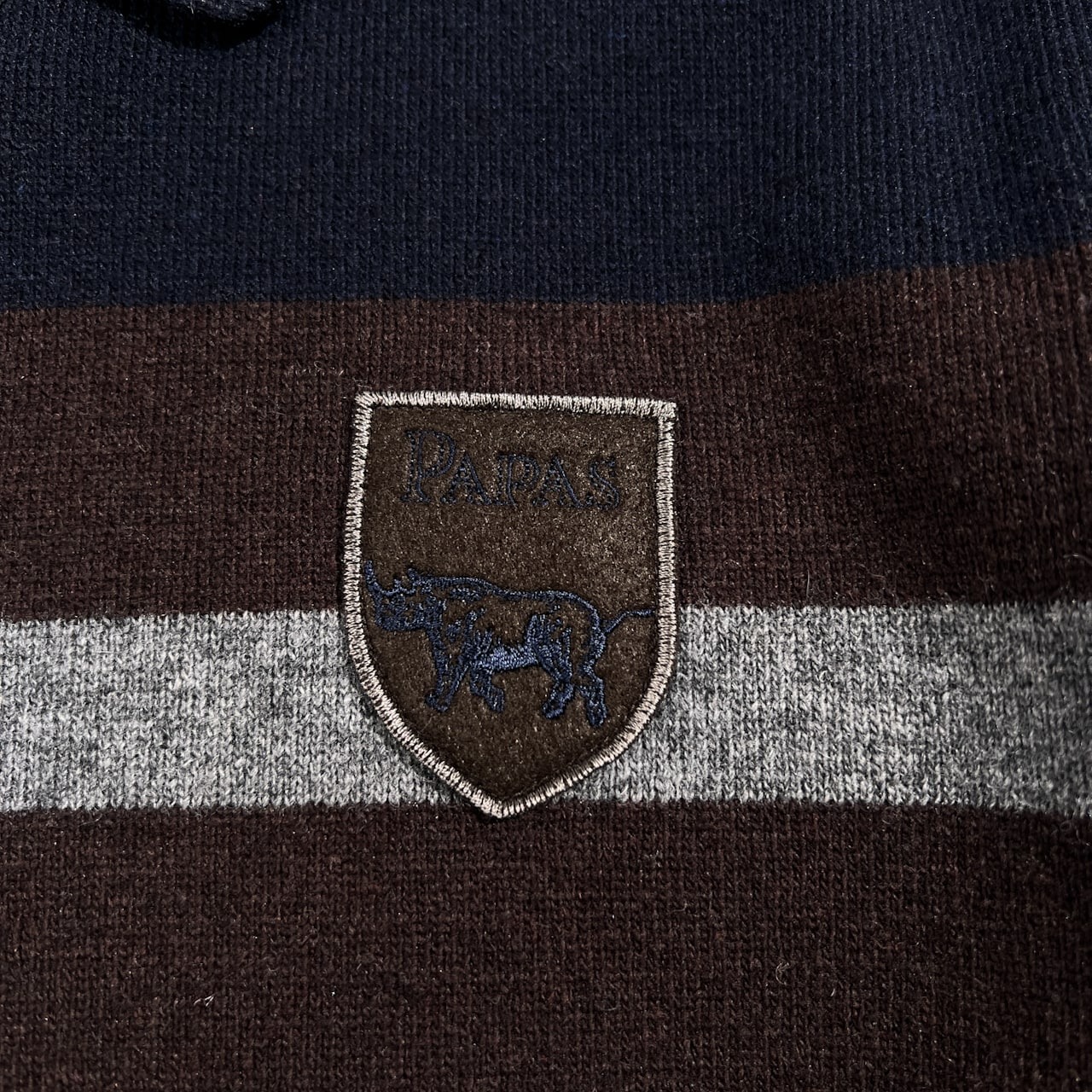 PAPAS パパス ロゴワッペン ボーダー ニット ジャケット サイズ 50 L /ネイビー×グレー×ブラウン/メンズ/日本製