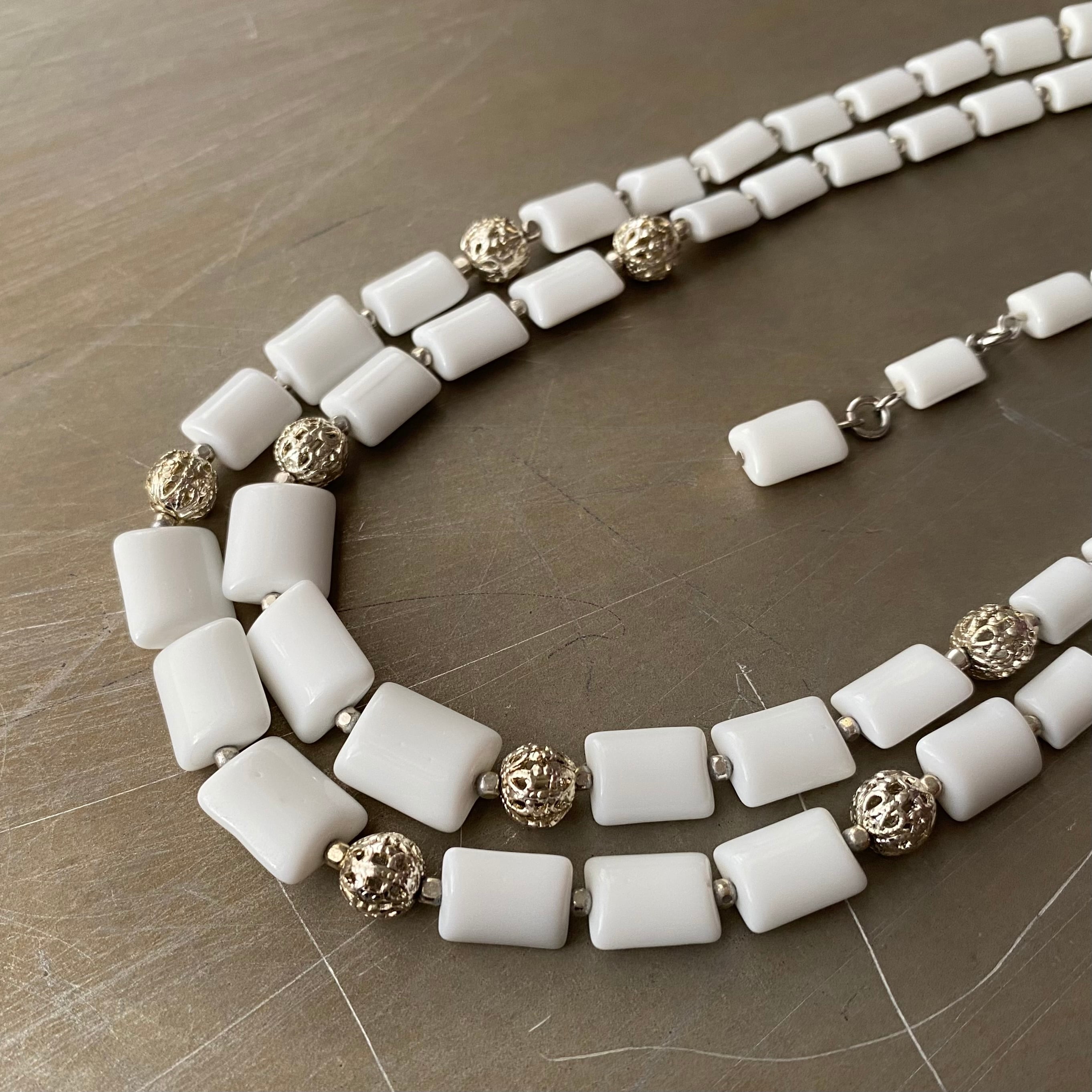Vintage 50s-60s USA retro square milk glass beads necklace レトロ