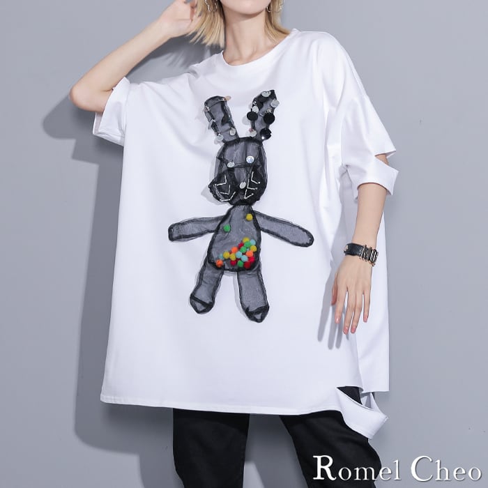 RomelCheo ビッグシルエット tシャツ 半袖 ウサギ パッチ アップリケ