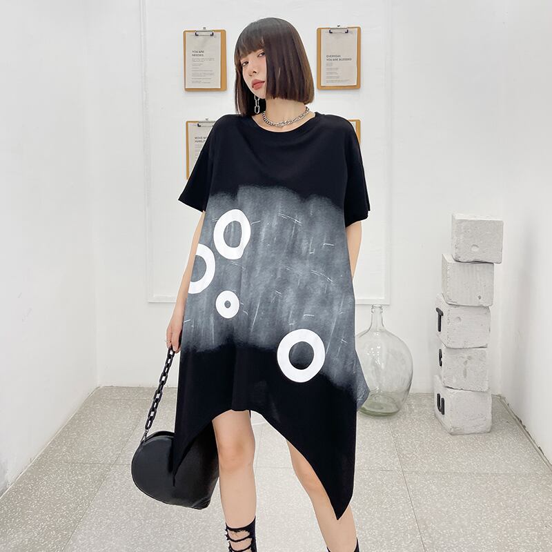 ブラックドレス サマープリントラウンドネックルーズ薄手ロングTシャツ スカート 夏物 Oネック ラブタオタオダレンハウス73989346173