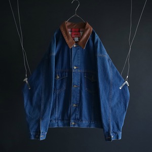 over silhouette brown leather switching design denim jacket