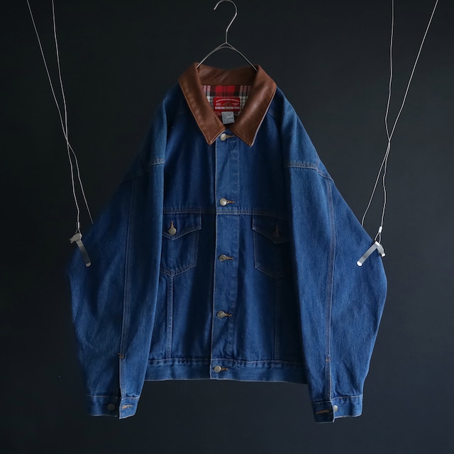 over silhouette brown leather switching design denim jacket