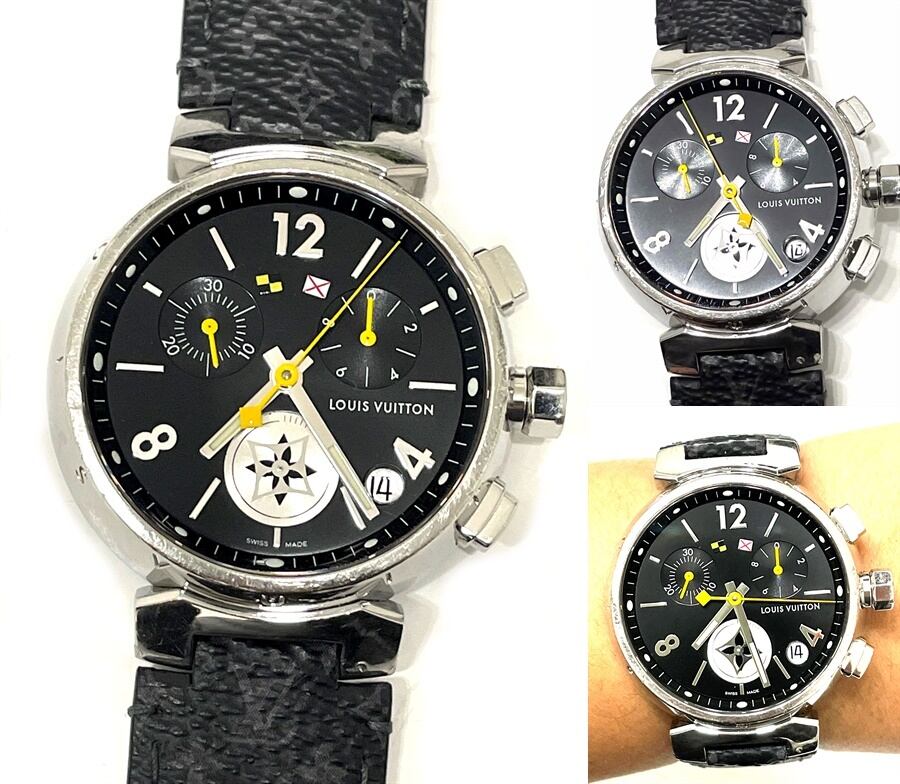 LOUIS VUITTON ルイヴィトン タンブール クロノ GM Q11BG デイト ブラック クォーツ モノグラム エクリプスブラックベルト LVロゴ回転文字盤