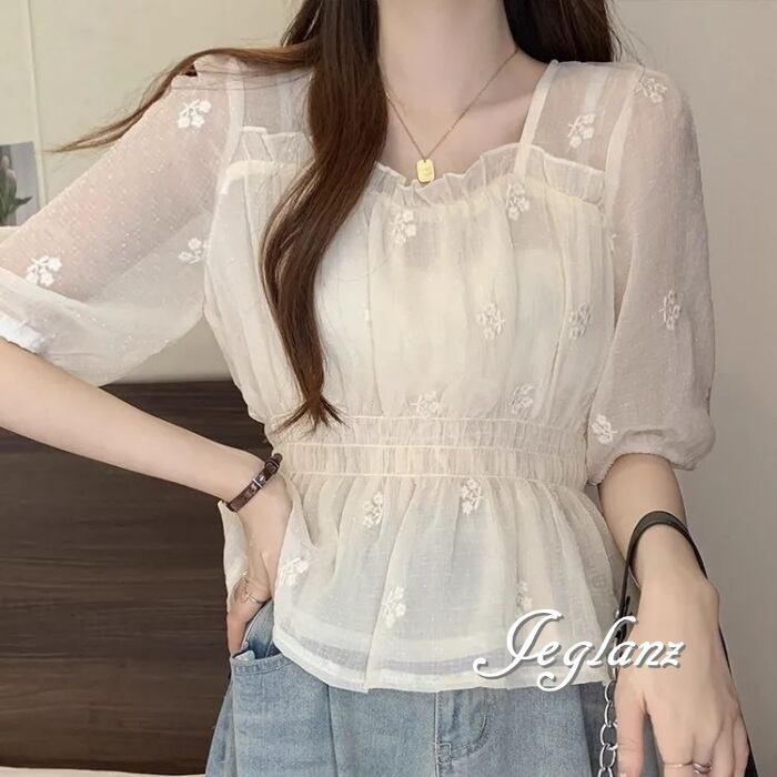 花柄 カットソー トップス 半袖 ペプラム ギャザー シアー感 ♪(MA359)ρ