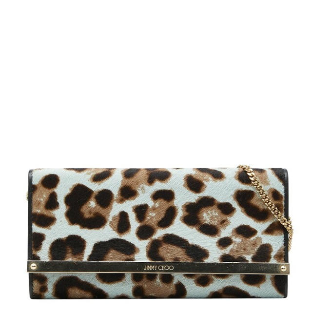 ジミーチュウ レオパード チェーン ウォレット 長財布 ブルー ブラウン ブラック ハラコ レザー レディース JIMMY CHOO 【中古】