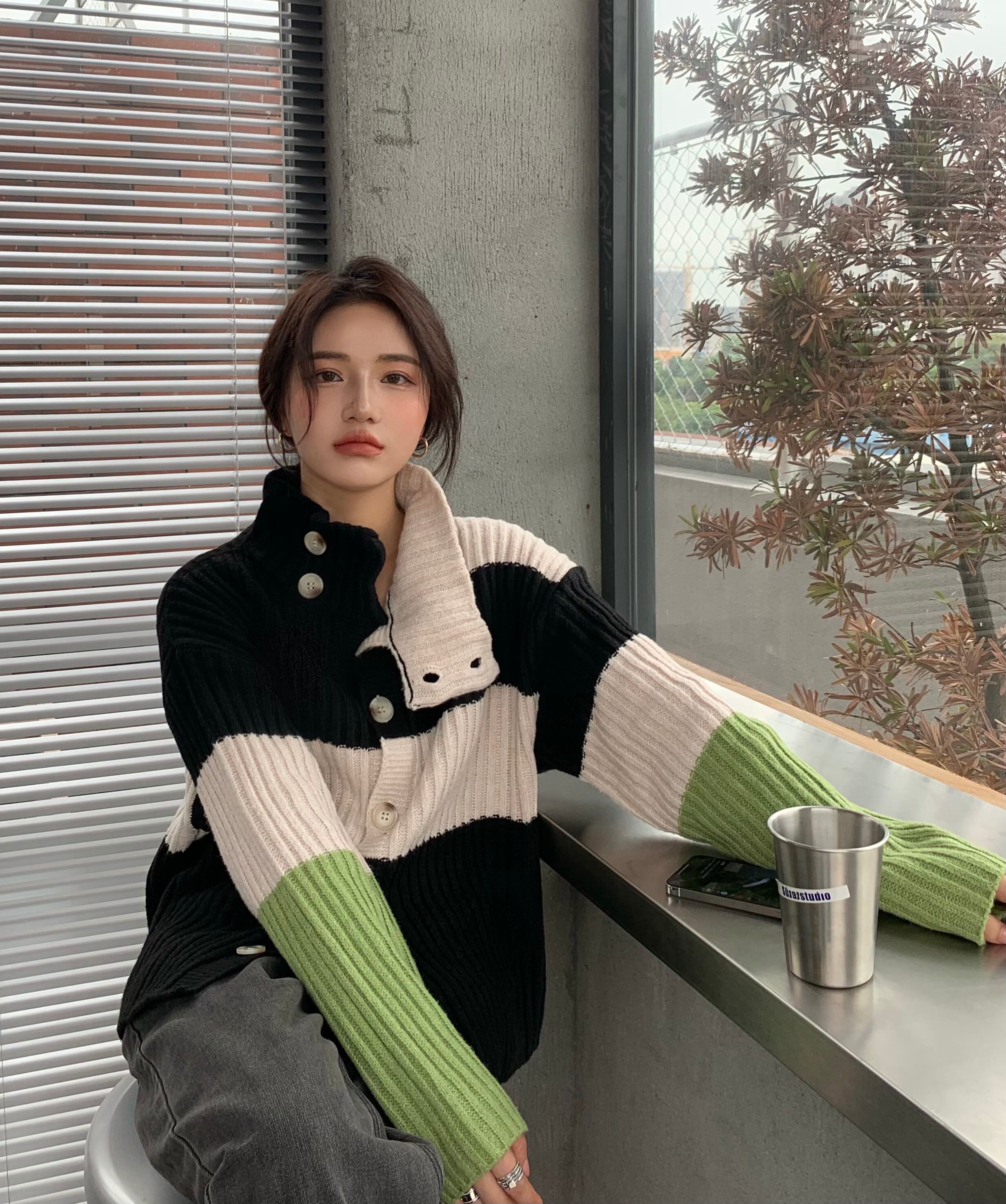 セーター カーディガンジャケット ルーズニット スプリング長袖スリーブトップス ロング 春物 ステッチ ブラックストロベリース24650512016