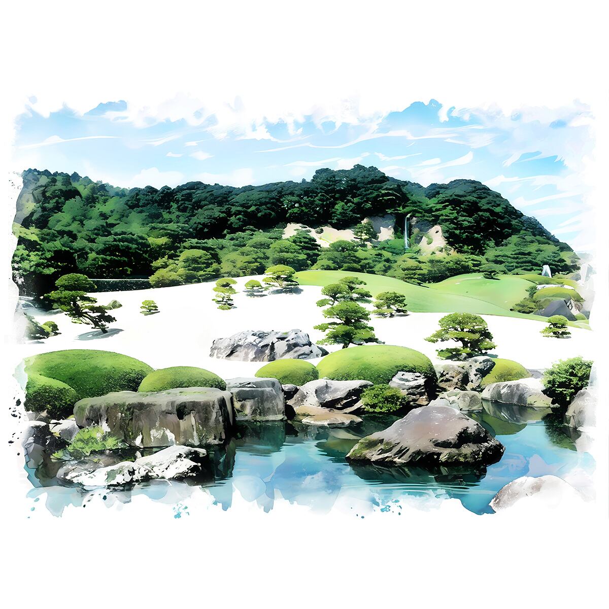 絵画 インテリア 絵 額付き (白)油絵 uF6-063003 日本の田園風景 絵画(風景画) 日本 島根県 足立美術館の庭園 インテリアアート額